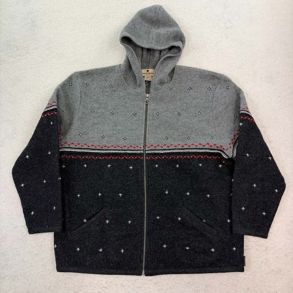 Woolrich Womens 100% Wool Fair Isle Nordic Full Zip Hooded Sweater Jacket Sz XL